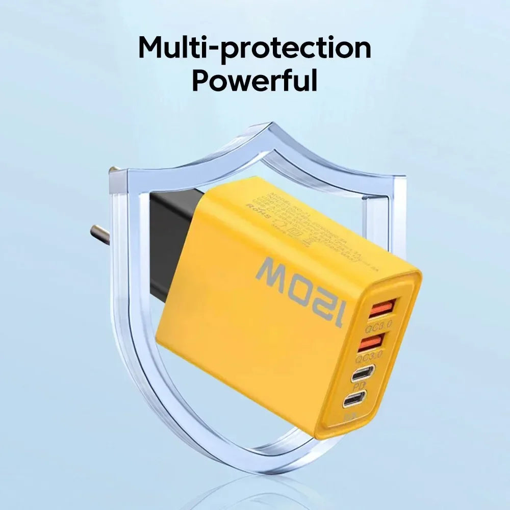 Total 120W 4-Port USB Type C Fast Wall Adapter for Quick Charge Mobile Phone - High-Speed Charging Dock for Phones Tablets