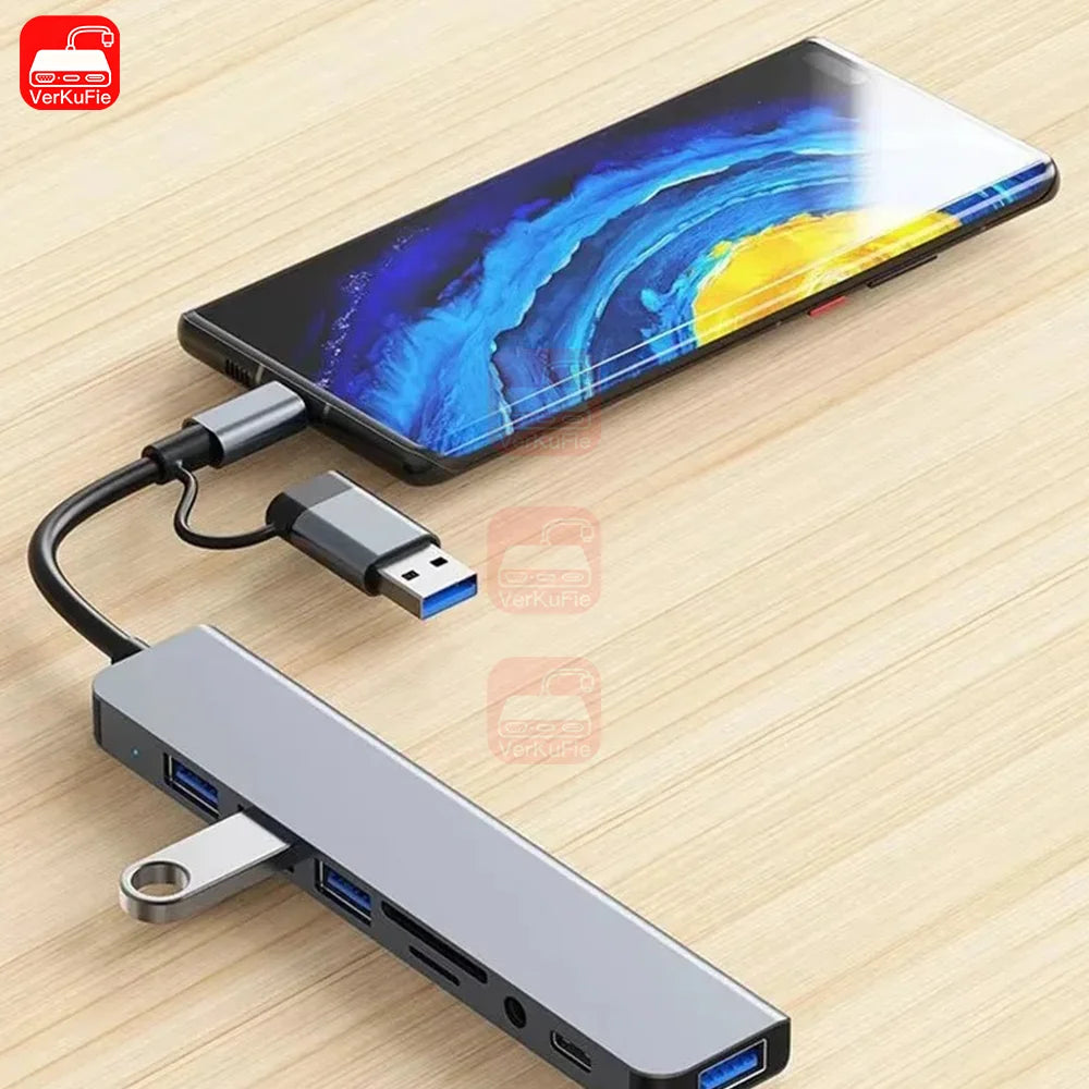 USB C Hub USB Splitter 8 v 1 USB Extender se 4 USB porty 1 USB C portem čtečka TF/SD karet audio výstup kompatibilní s MacBookem