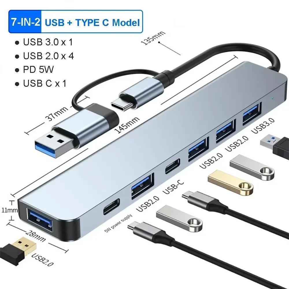 USB C Hub USB Splitter 8 v 1 USB Extender se 4 USB porty 1 USB C portem čtečka TF/SD karet audio výstup kompatibilní s MacBookem