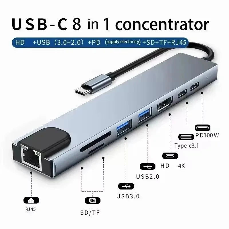 USB C Hub USB Splitter 8 v 1 USB Extender se 4 USB porty 1 USB C portem čtečka TF/SD karet audio výstup kompatibilní s MacBookem