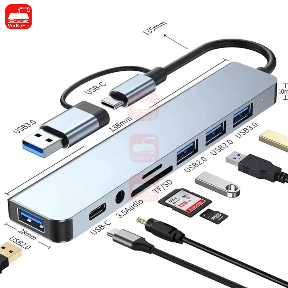 USB C Hub USB Splitter 8 v 1 USB Extender se 4 USB porty 1 USB C portem čtečka TF/SD karet audio výstup kompatibilní s MacBookem